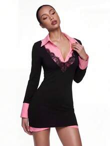 SHEIN ICON Herbst/ Damen Schulanfang elegantes sexy Farbblock Kontrast Spitze Mini-Kleid Nachtausgang Club Schwarz und Pink - Schwarz - Übersicht 3