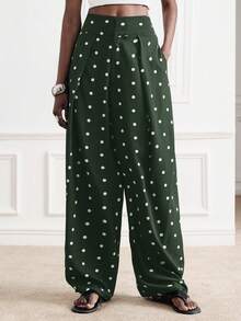 Aveloria Modichic Modern Elegant 70s Women Casual Versatile Commute Office Party Daily Green Polka Dot With White Polka Dot High Waist Tapered Leg Long Pants Fall - Green - View 3
