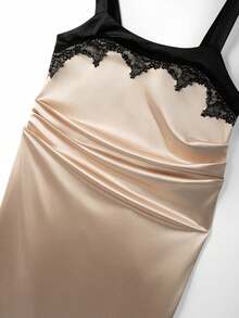 GlowEve CURVE Plus Size Women's Elegant Solid Color Satin Square Neck Lace Trim Back Tie Design Ruched Waist Mid-Length Slip Dress, Suitable For Date/Evening Party, Commute Daily Wear - Champagne - View 7