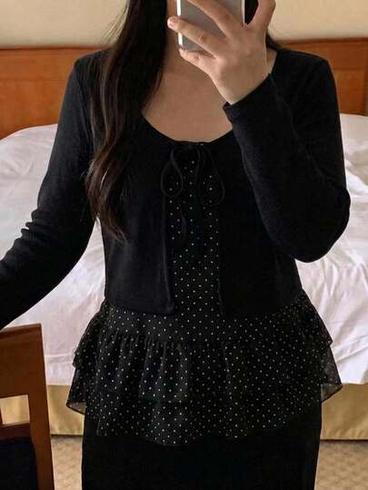 Dazy Plus Bộ 2 món áo hai dây chấm bi và áo cardigan thắt nơ phía trước, dáng rộng, phong cách thường ngày đa năng cho mùa xuân/thu