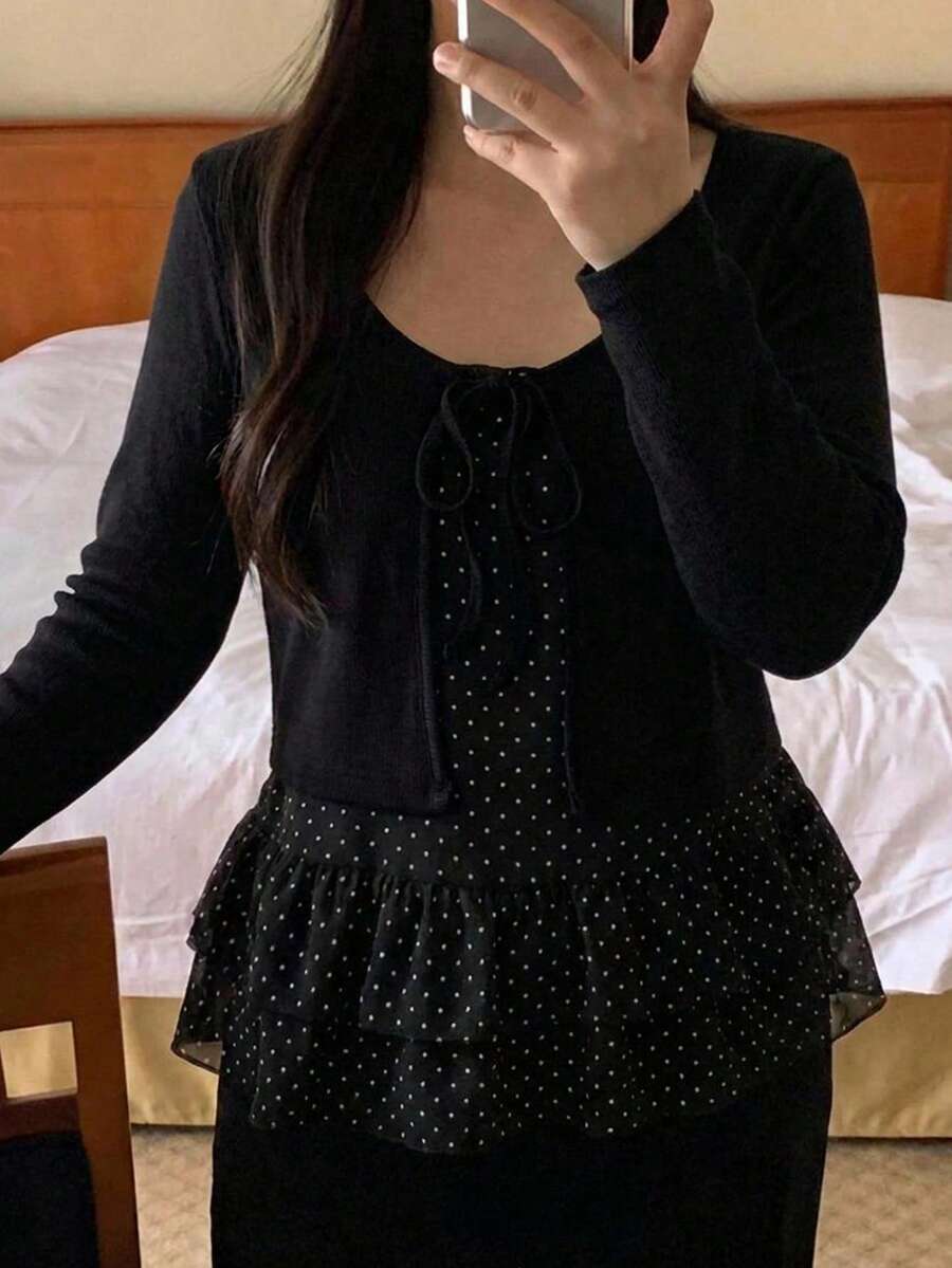 Dazy Plus Polka Dot Camisole & Tie-Front Cardigan 2 Pieces Set, Loose Casual Versatile Spring/Autumn Outfit - Black - View 1