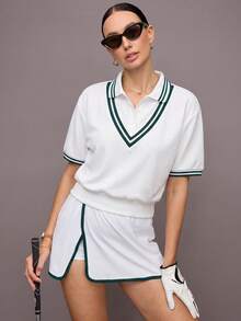 Activina 女款條紋短袖休閒健身運動 Polo 衫 - 白色 - 查看 2
