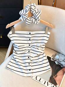 SHEIN Franclia Atasan Tube Wanita Motif Garis-Garis Warna Blok Kasual Serbaguna untuk Pemakaian Sehari-hari - Hitam dan Putih - View 2