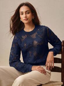 Anewsta Round Neck Short Crochet Asymmetrical Floral Pattern Fitted Cover Up - Royal Blue - View 3
