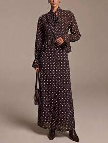 COSMINA Women's Casual Vintage Elegant Ruffle Blouse Chiffon Brown And White Polka Dot Set Dinner Party Fall - Brown - View 3