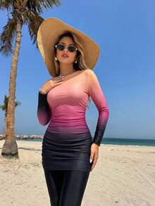 Swim Mulvari Setelan Baju Renang Wanita Atasan Lengan Panjang Gradien dan Legging Ketat untuk Liburan - MultiWarna - View 3