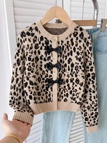 SHEIN 女童秋冬時尚豹紋手工蝴蝶結裝飾長袖針織開襟衫 - 白色 - 查看 1