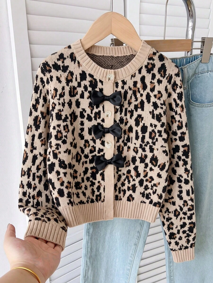 SHEIN 女童秋冬時尚豹紋手工蝴蝶結裝飾長袖針織開襟衫 - 白色 - 查看 1