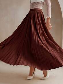 Anewsta Women's Solid Color Elegant Pleated Skirt Maxi Women Outfit - Rust Brown - View 5