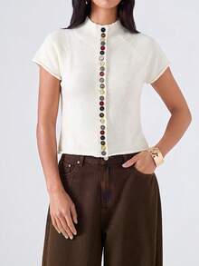 LYSMO Women's Solid Color Single-Breasted Stand Collar Casual Versatile Daily Wear Cardigan - White - View 1