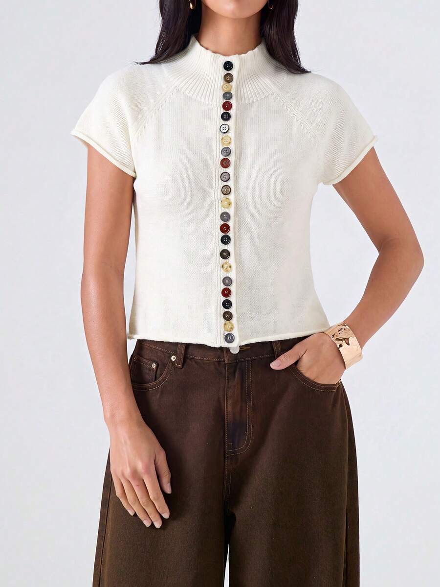 LYSMO Women's Solid Color Single-Breasted Stand Collar Casual Versatile Daily Wear Cardigan - White - View 1