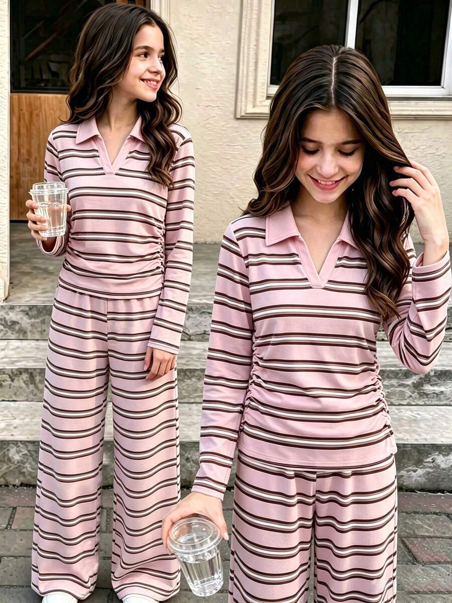 SHEIN Explorewe Teen Girl Striped Colorblock Short Sleeve T-Shirt And Long Pants Casual Daily Outfit - Multicolor - View 1