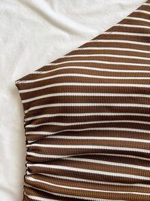 Soleia Sexy Casual One Shoulder Ruched Striped Sleeveless Top - Coffee Brown - View 3
