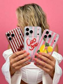 ShellaStory Menawarkan 3 Casing Ponsel TPU Transparan, Tahan Gores, dan Lembut, dengan Garis-garis Cetak UV, Garis-garis Merah Muda, dan Pola Huruf Cherry Lemon. - MultiWarna - View 2