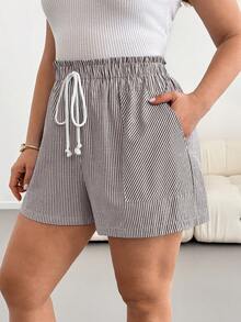 Shapeblank Plus Size Women's Striped Casual Versatile Daily Shorts - Coffee Brown - View 6