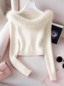 Franclia Suéter con hombros descubiertos, cuello de piel y parches de unicolor de moda - Albaricoque - Ver 3