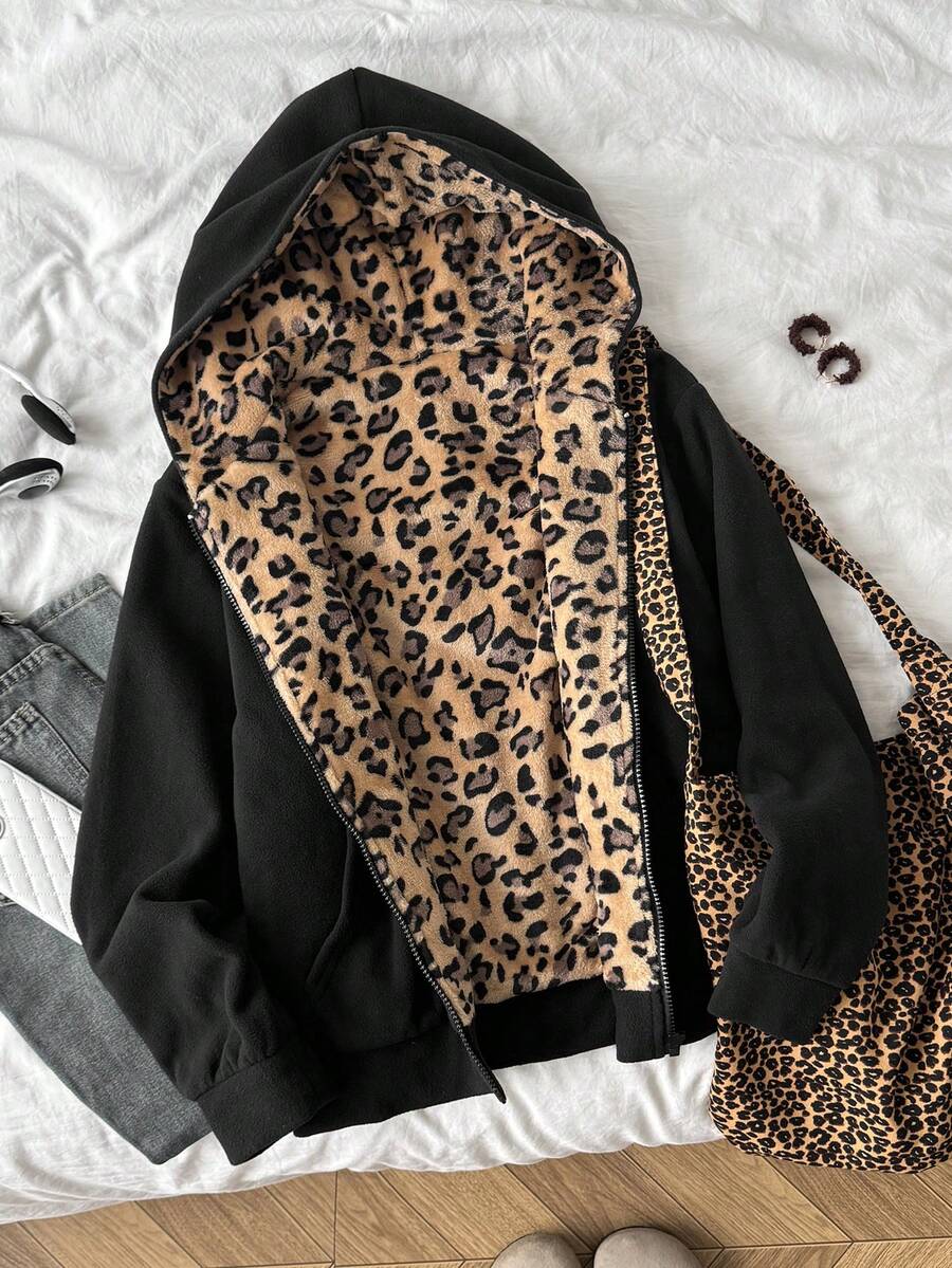 SHEIN 青少年女孩秋冬新款休閒黑色拼接豹紋可正反穿鬆款連帽學院風夾克外套 - 黑色 - 查看 1