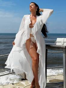 Sirith Women's Solid Color Long Sleeve Drawstring Hem Cover Up - White - View 1