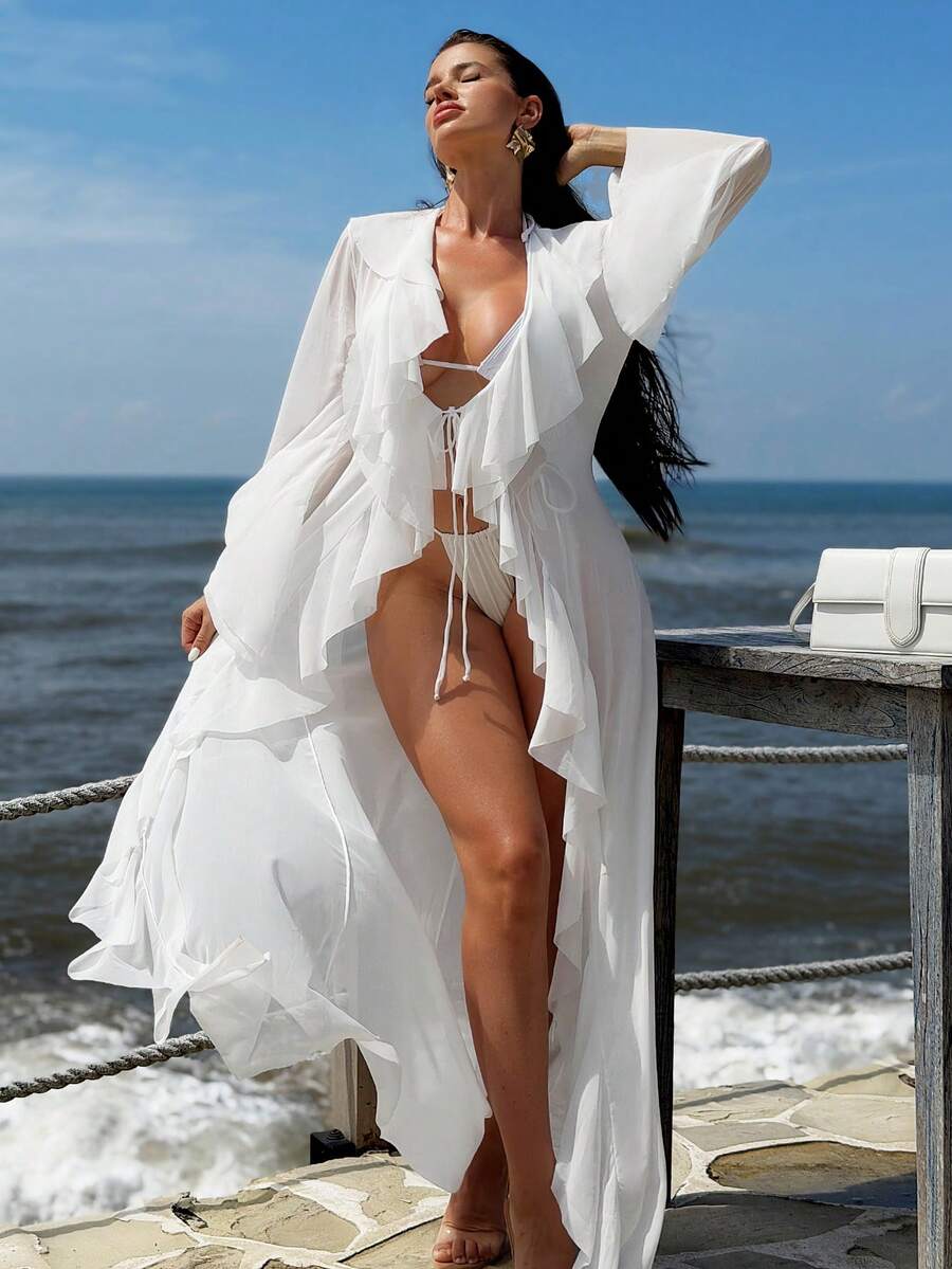 Sirith Women's Solid Color Long Sleeve Drawstring Hem Cover Up - White - View 1
