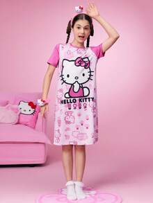 HELLO KITTY AND FRIENDS | SHEIN Tween Girl Cartoon Print Pink Cute Short Sleeve Nightgown, Summer - Pink - View 3