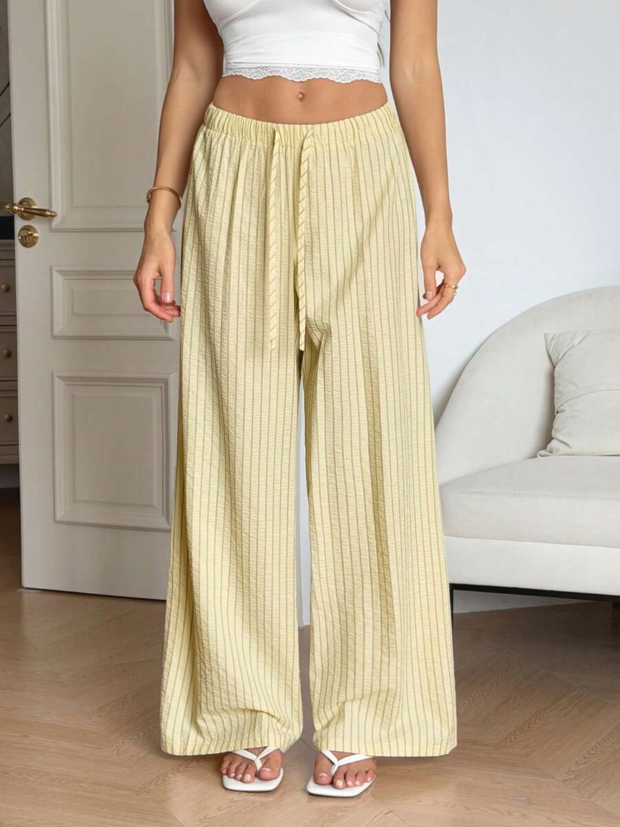 SHEIN Tall 女款休閒寬鬆條紋寬腿長褲 - 黃色 - 查看 1