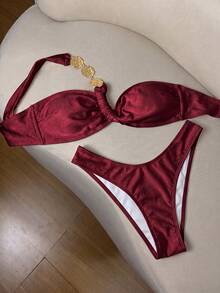Bonvoyette Solid Color Elegant Women's Bikini Set, Metal Trim Decor, Ruched Design, Suitable For Vacation Wear - Brown - View 7