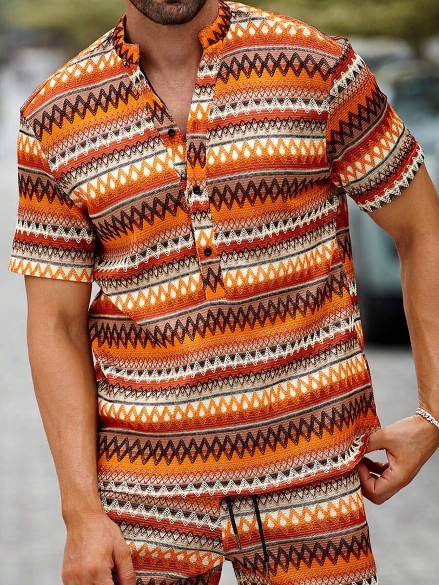 Manfinity CasualCool Men's Plus Size Japanese Vintage Colorblock Wavy Striped Shirt - Multicolor - View 1