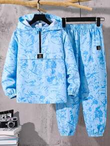 SHEIN 2件組兒童青少年男孩半拉鍊連帽外套與慢跑長褲套裝，適合秋冬、學校、家庭聚會、開學、運動、生日派對，秋季穿搭，冬季穿搭 - 彩色 - 查看 2