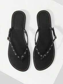 Mnmlis Flat Sandal With Crisscross Straps Adorned With Small Gold Studs. Summer Shoes - Black 3 - View 2