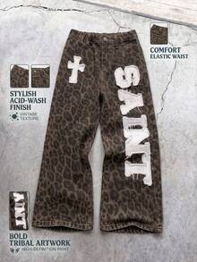SHEIN 兒童小男孩 Y2K 街頭風圖案拼接豹紋印花寬鬆棕色丹寧牛仔褲，萬聖節牛仔褲，秋季男孩返校服飾 - 棕色 - 查看 1