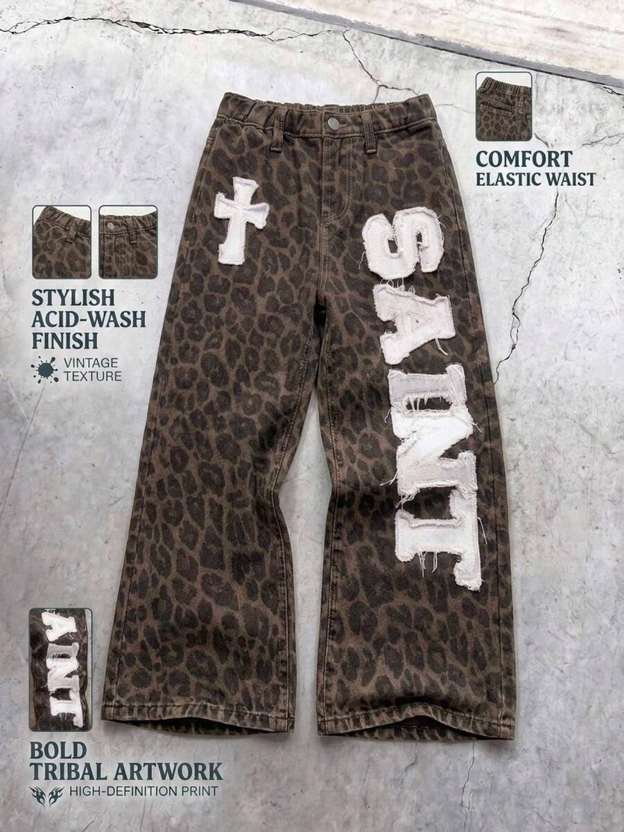 SHEIN 兒童小男孩 Y2K 街頭風圖案拼接豹紋印花寬鬆棕色丹寧牛仔褲,萬聖節牛仔褲,秋季男孩返校服飾 - 棕色 - 查看 1