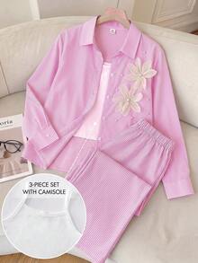 SHEIN 3件組少女清新韓風粉色與白色條紋長袖領口襯衫，側面3D薄紗花朵與白色珠飾裝飾，單排扣前開襟，薄款春夏/秋季套裝，返校穿搭 - 粉色 - 查看 4