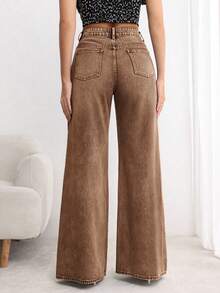 SHEIN PETITE Women's Casual Washed Loose Wide Leg Jeans - Coffee Brown - View 2