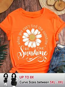 SHEIN CURVE+ Camiseta de manga corta casual para mujer con estampado floral de girasol, de estilo retro y elegante, adecuada para ir al trabajo, vacaciones y uso diario, estilo de primavera y verano, un regalo para hermanas y madres, top casual y de moda. - Naranja - Ver 1