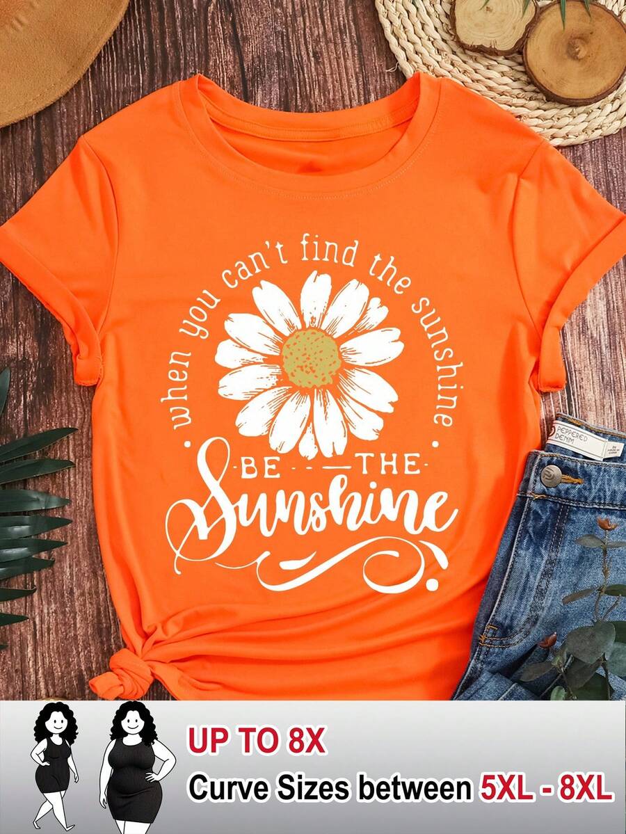 SHEIN CURVE+ Camiseta de manga corta casual para mujer con estampado floral de girasol, de estilo retro y elegante, adecuada para ir al trabajo, vacaciones y uso diario, estilo de primavera y verano, un regalo para hermanas y madres, top casual y de moda. - Naranja - Ver 1