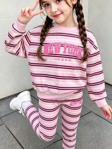 SHEIN 女童幼童春秋冬季圓領衛衣套裝，長袖圓領上衣與內搭褲套裝，條紋圖案搭配 New York 字母元素，適合春秋冬季穿著，日常穿著、週末外出，可愛穿搭，女童幼童冬季衛衣套裝 - 彩色 - 查看 1