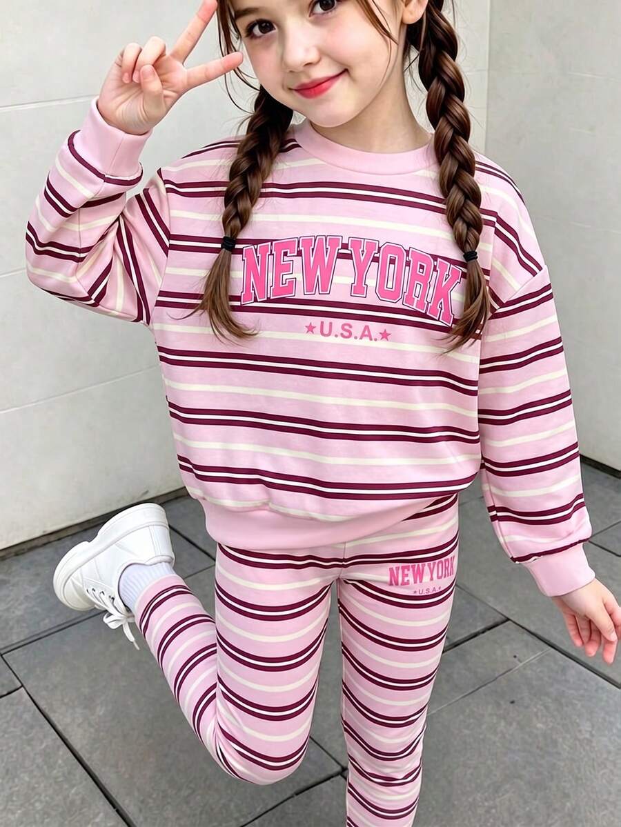 SHEIN 女童幼童春秋冬季圓領衛衣套裝,長袖圓領上衣與內搭褲套裝,條紋圖案搭配 New York 字母元素,適合春秋冬季穿著,日常穿著、週末外出,可愛穿搭,女童幼童冬季衛衣套裝 - 彩色 - 查看 1