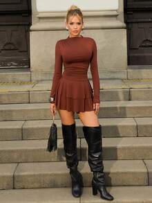 Sandy Gomes Women's Red Long Sleeve High Neck Ruched Waist Vintage Dress, Autumn/Winter Elegant - Brown - View 1