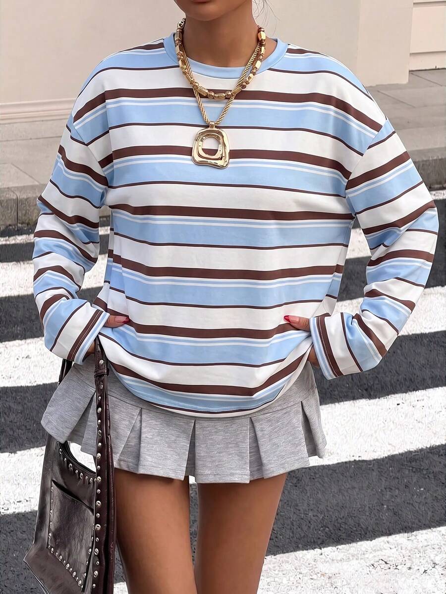 SHEIN 青少年女孩秋季新款彩色條紋休閒極簡寬鬆長袖T恤 - 彩色 - 查看 1