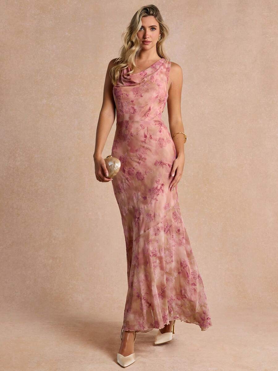 Enchnt Premium Pre-Fall Romantisches Damen Elegantes Rosa Flockendesign Schlankmachendes langes Kleid, Lässig Kleid, Festival Outfit, Homecoming, Anlasskleid, Partykleid - Pink - Übersicht 1