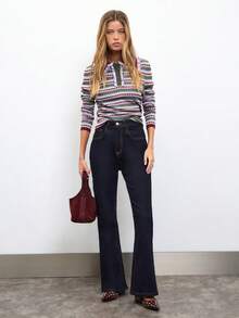 Nöista Top de punto con estructura de rayas de colores, cuello en color contrastante y detalles en color rosa alrededor, otoño para mujeres, vuelta al colegio - Verde - Ver 5