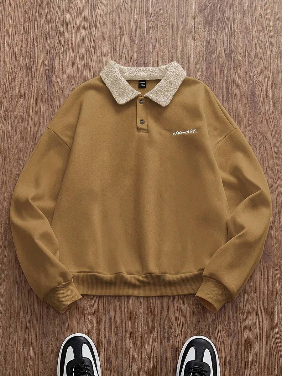 SWAVVY Men's Knitted Fashion Casual Loose Long Sleeve Thermal Lined Sweatshirt, Autumn/Winter - Brown - View 1