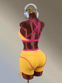 Amplova Women's Color Block Casual Daily Outing Gym Sports Yellow And Pink Color-Blocking Sexy Sport Bar And Side Drawstring Athletic Shorts Workout Backless - Pink - View 4