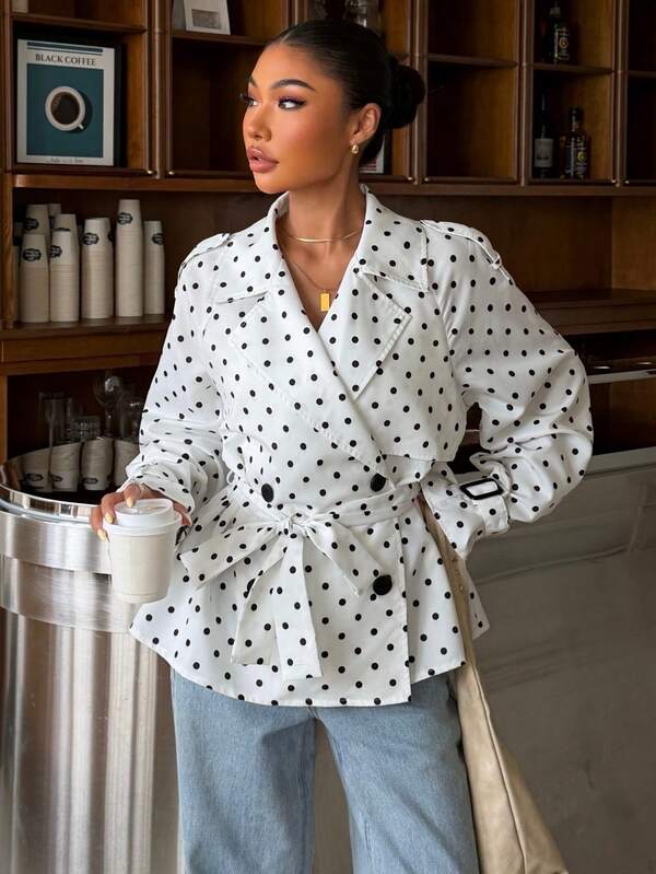Muchica Women's Fall/Winter New White Polka Dot Pattern Lapel Double-Breasted Cinched Waist Belt Short Trench Coat Jacket For Going Out, Streetwear, Y2K