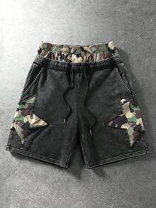 ROMWE MEN Casual 男士拼接迷彩星星雙層抽繩腰休閒短褲 - 黑色 - 查看 1