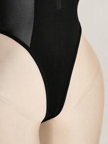 SHEIN ICON Y2k Women's Halloween Black Sexy Fashion Zipper Mesh Patchwork Bodysuit - Black - View 11
