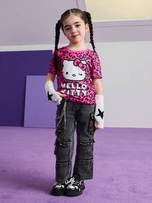 HELLO KITTY AND FRIENDS | SHEIN 少女卡通蝴蝶结豹纹可爱甜美休闲百搭短袖T恤夏季 - 彩色 - 查看 4