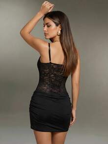 Nuvra Women's Contrast Lace Square Neck Pleated Sleeveless Elegant Mini Dress - Multicolor - View 2