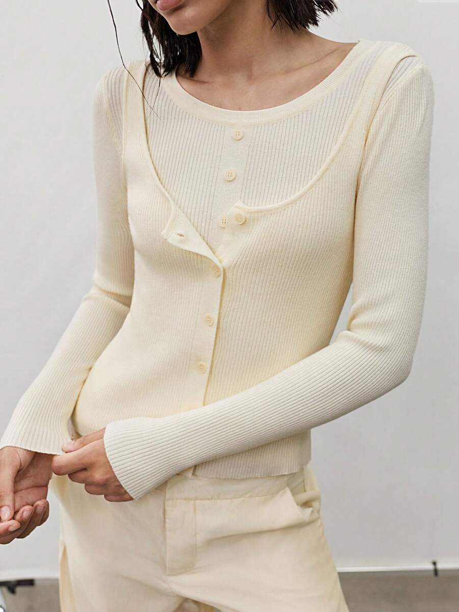 MERLEAU-F Damen Modern Lässig Französisch Elegant 2 In 1 Strick Creme Weiß Top Büro Herbst,Arbeitsoutfits für Frauen,Büro Lässig,Lehrer Arbeits Tops - Beige - Übersicht 1