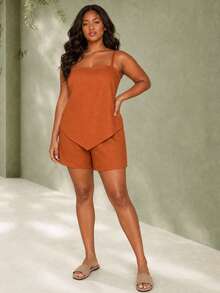 ELLERISSA Plus Size Burnt Orange Linen-Like Cami & Shorts Co-Ord Set - Burnt Orange - View 3